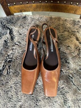 Nine West Cloud 9 Square Toe Slingback Brown Kitten Heel Shoes, Size 6